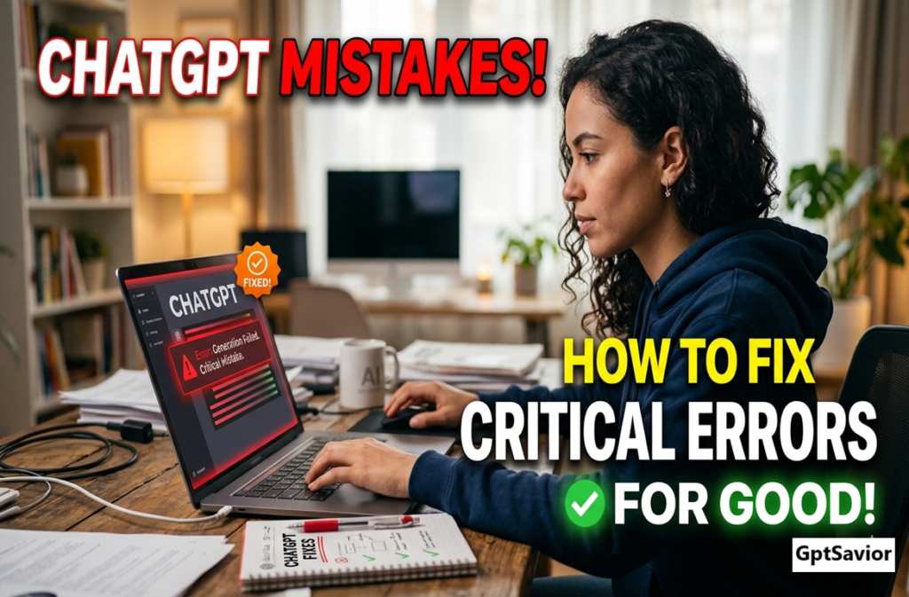 ChatGPT mistakes

prompt engineering

AI output errors

ChatGPT hallucinations

 AI troubleshooting

 GPT-4 tips

Common ChatGPT mistakes
How to fix ChatGPT errors
ChatGPT prompt mistakes
avoid AI output errors
Why does ChatGPT ignore my instructions
How to stop ChatGPT from making up fake facts
best prompting method to reduce ChatGPT mistakes
ChatGPT hallucinations fix for students