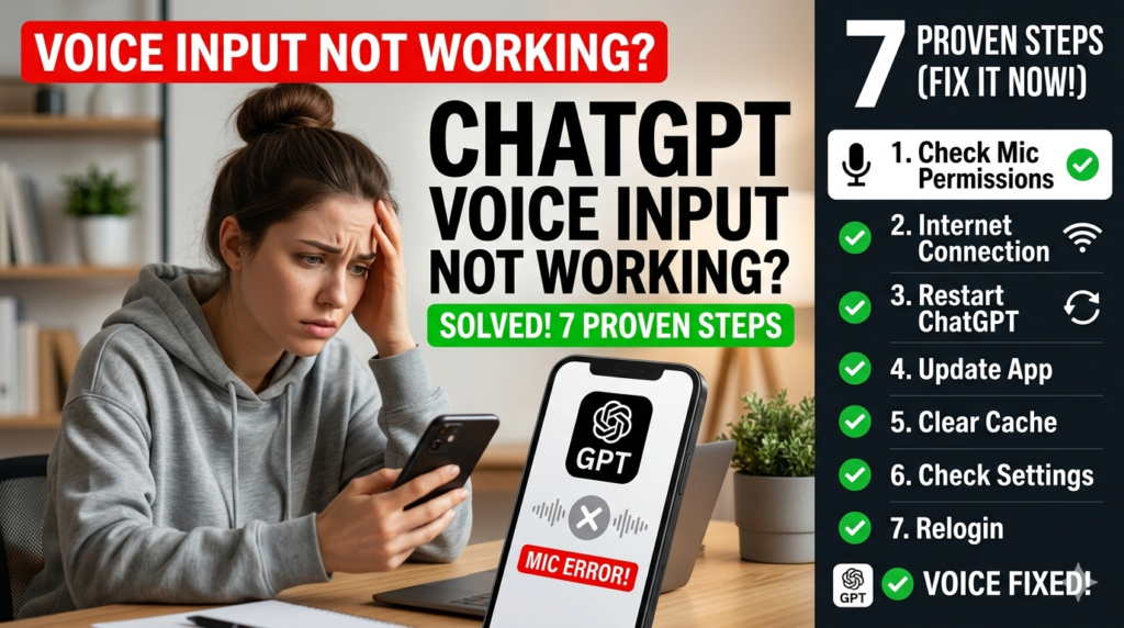 ChatGPT voice input ChatGPT voice input is not working Voice input is not working ChatGPT microphone ChatGPT voice input not working on iPhone ChatGPT voice input not working on Android ChatGPT voice input is not working on the browser Enable voice input for ChatGPT Why is my ChatGPT voice input not working on my phone How to fix ChatGPT voice input not responding ChatGPT voice input button missing ChatGPT voice input permission denied How do I turn on voice input in ChatGPT? Why does ChatGPT not hear me? Does ChatGPT have voice input on desktop? Fix microphone access for ChatGPT ChatGPT voice input greyed out ChatGPT voice input lag or delay
