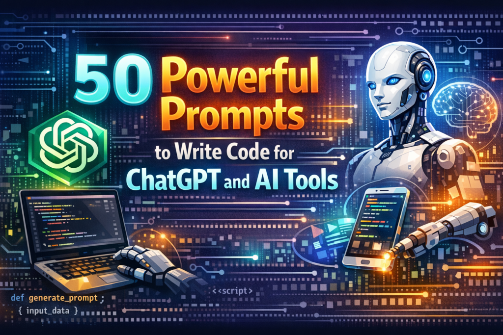 What you learn in the prompts to write code  article

code generation prompts 

AI programming prompts

ChatGPT coding prompts 

software development prompts 

debugging prompts

refactoring prompts

test generation prompts

API integration prompts

ChatGPT prompts for coding

AI code generation prompts

Effective prompts for programming

prompts to generate Python code

debugging prompts for ChatGPT

API integration prompt examples

performance optimization prompts 

code documentation prompts 

web development prompts 

React coding prompts

Python code prompts

JavaScript generation

TypeScript prompts

SQL optimization prompts

code review prompts

prompt engineering for developers

AI-assisted programming

automated code generation

programming productivity prompts